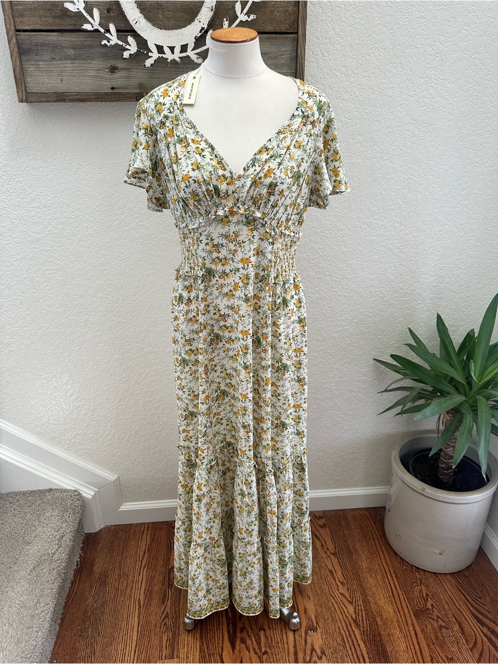 Max Studio Floral White and Mustard Maxi Dress with Smocked Waist size M NWT